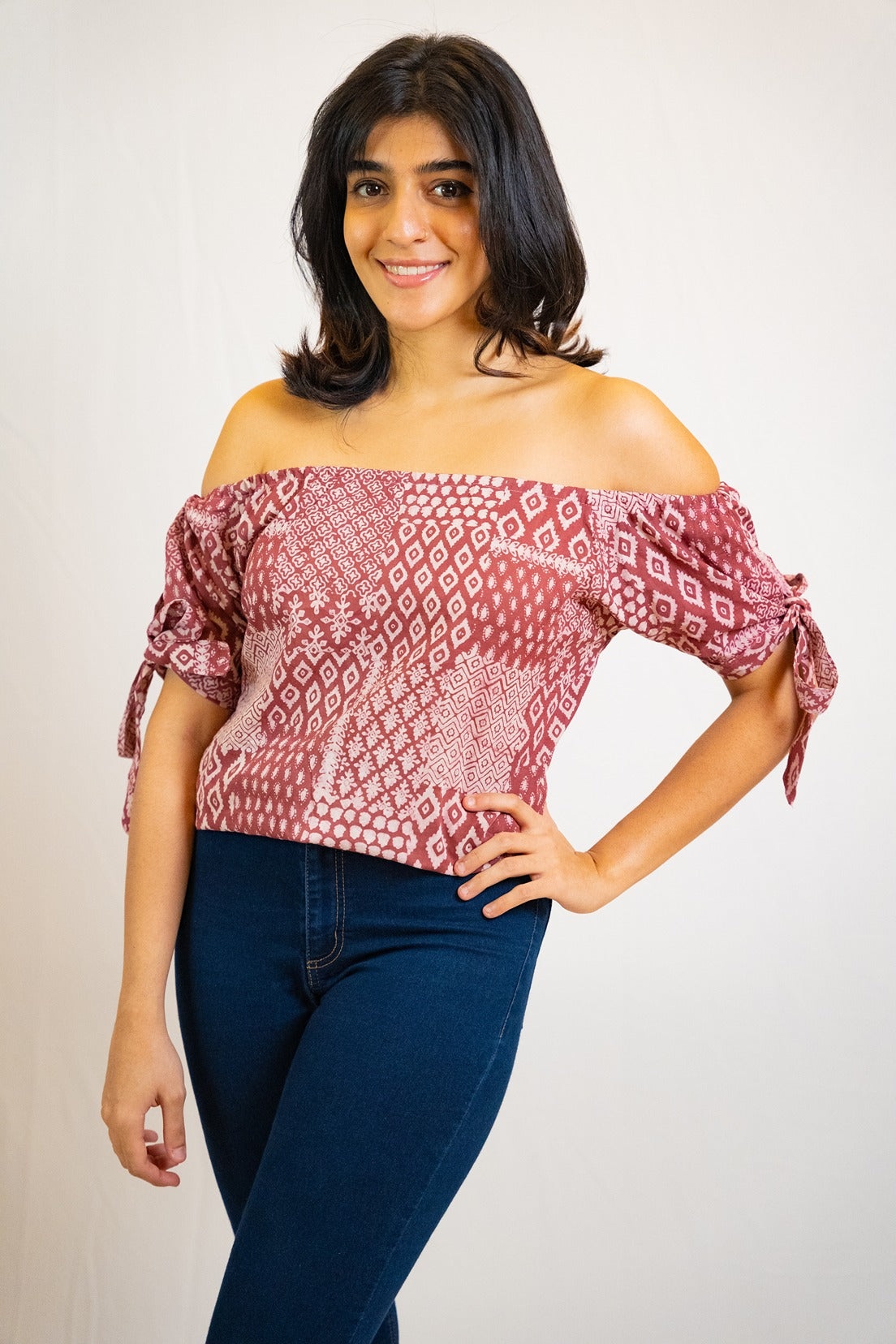 Chavia Off Shoulder Top in Red Tribal