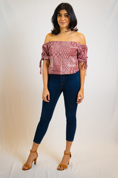Chavia Off Shoulder Top in Red Tribal