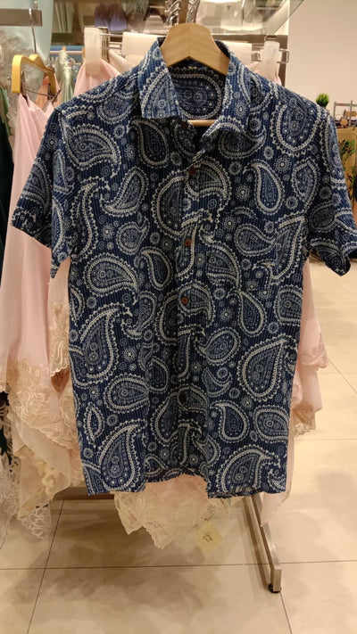 Block Printed Batik Shirt - Blue & White