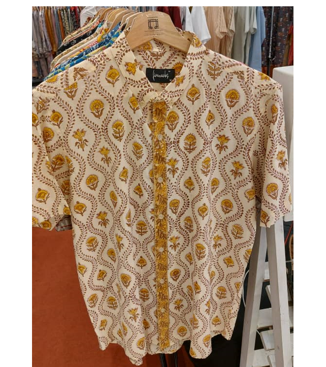 Block Printed Batik Shirt - Golden Flowers