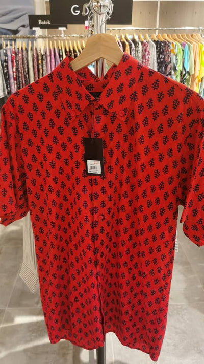 Block Printed Batik Shirt - Red & Black Leaves
