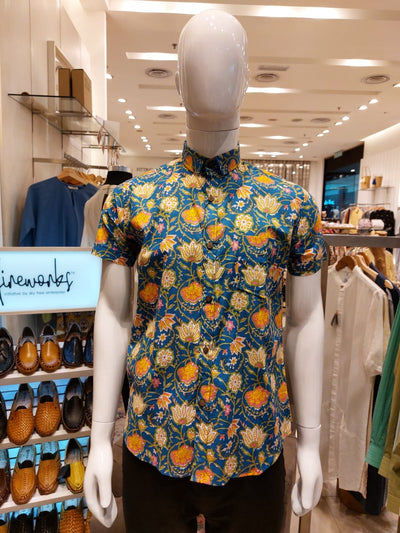 Block Printed Batik Shirt - Blue Gold Flower