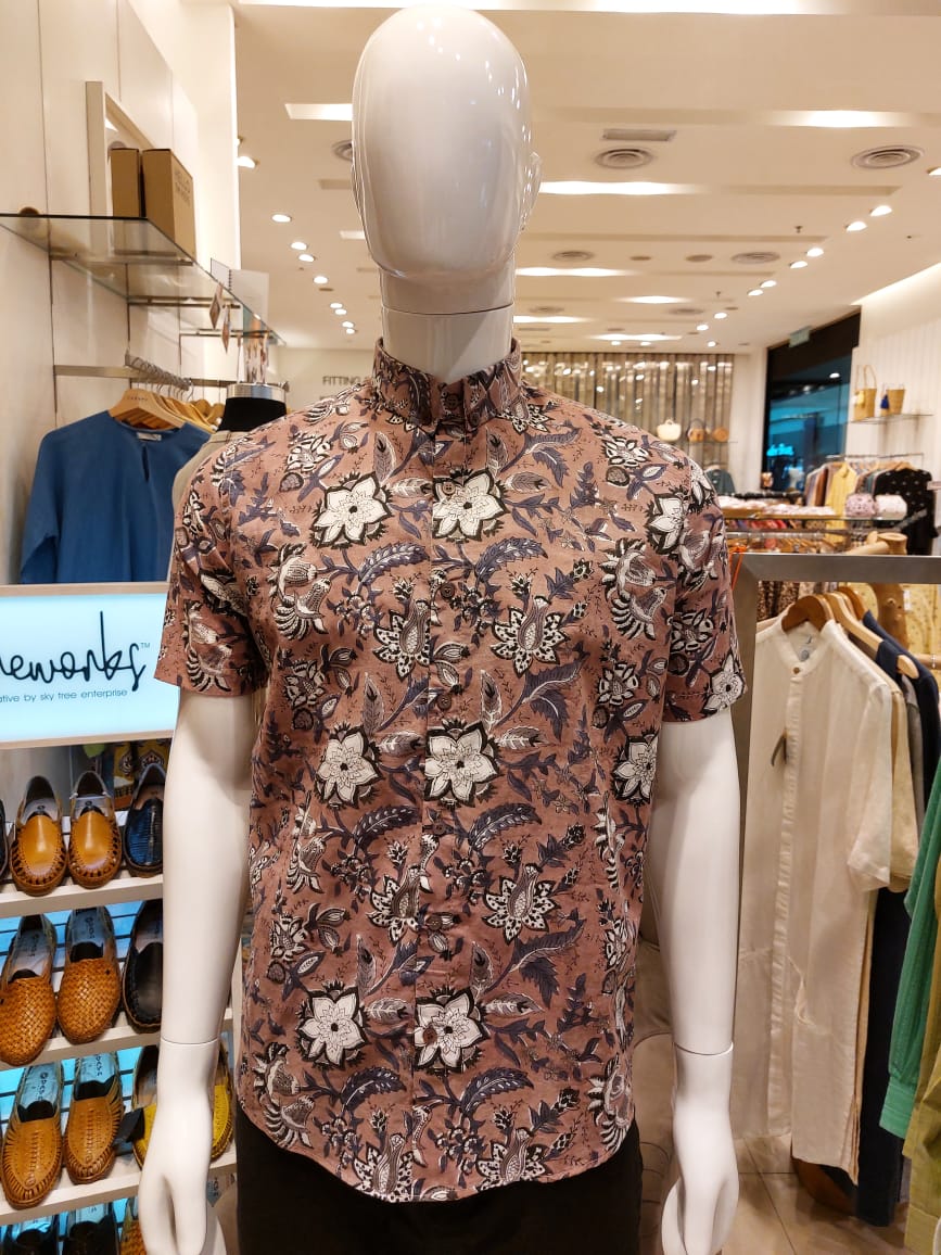 Block Printed Batik Shirt - Brown Flower