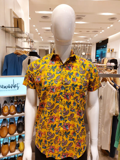 Block Printed Batik Shirt - Yellow & Blue